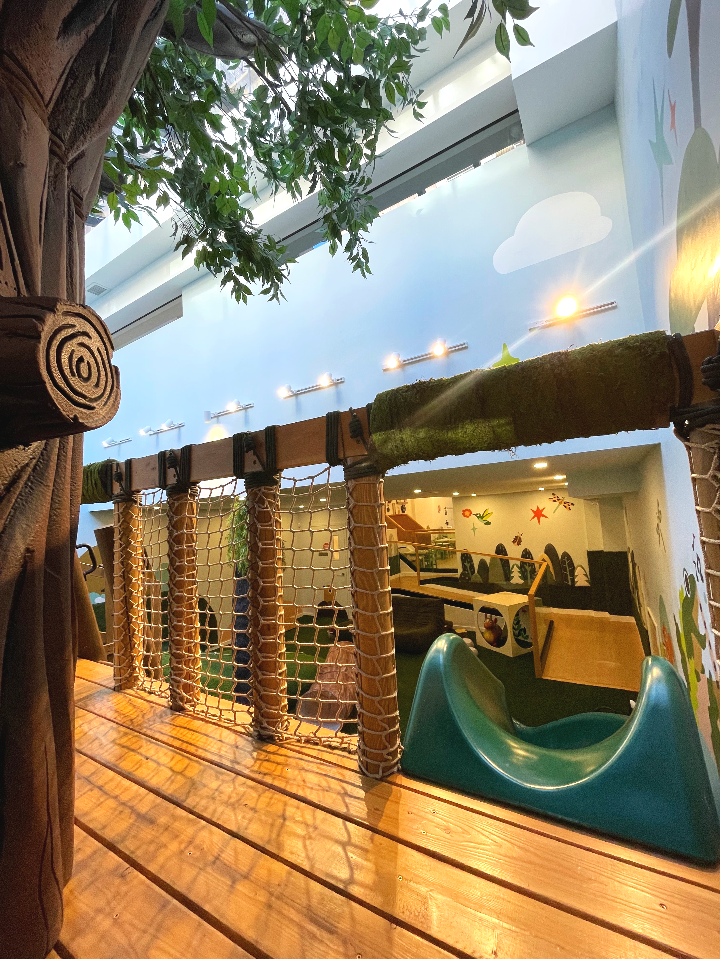 Indoor play area with a wooden platform, netting, and a slide, decorated with nature-themed murals and a large green plant overhead.