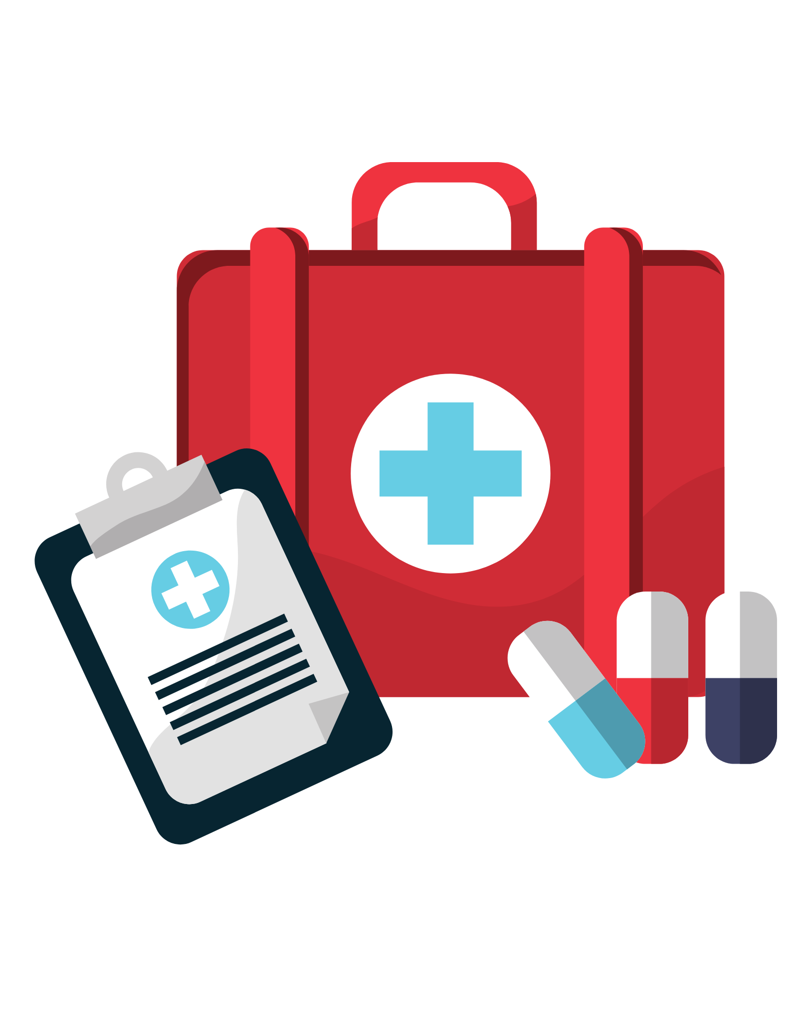 A red first aid kit with a white cross on it, various pills and capsules, and medication bottles with medical labels.