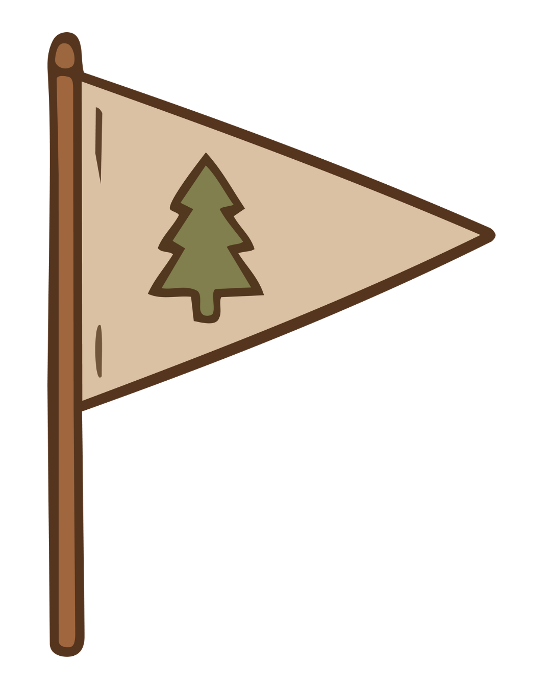 A triangular camping flag with a pine tree symbol on a beige background, mounted on a brown pole.