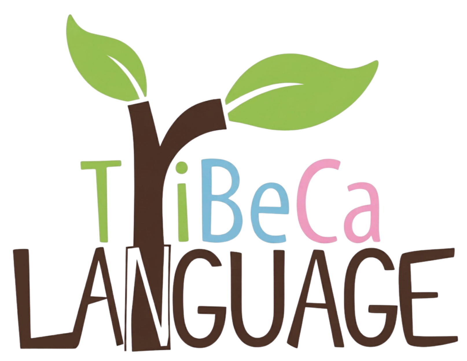 Colorful text reading "Tribeca Language" with a tree branch and two green leaves above the text.