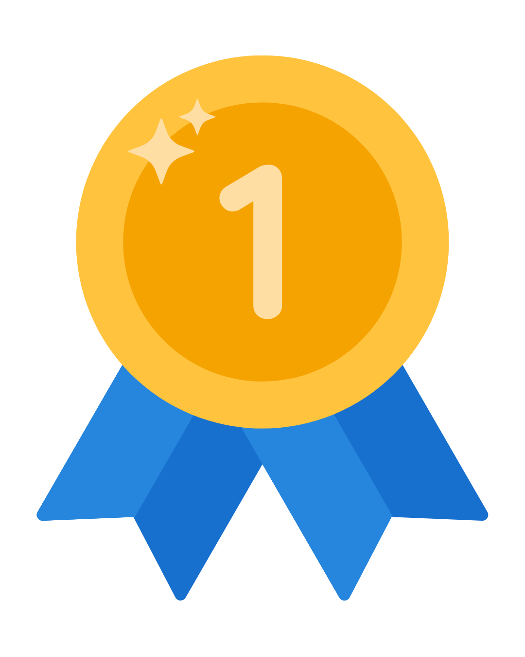 Gold medal with the number 1 and blue ribbons.