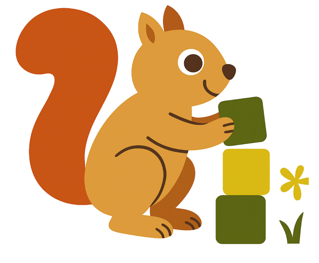 an illustration of a cute squirrel, placing a block on top of a stack of green blocks