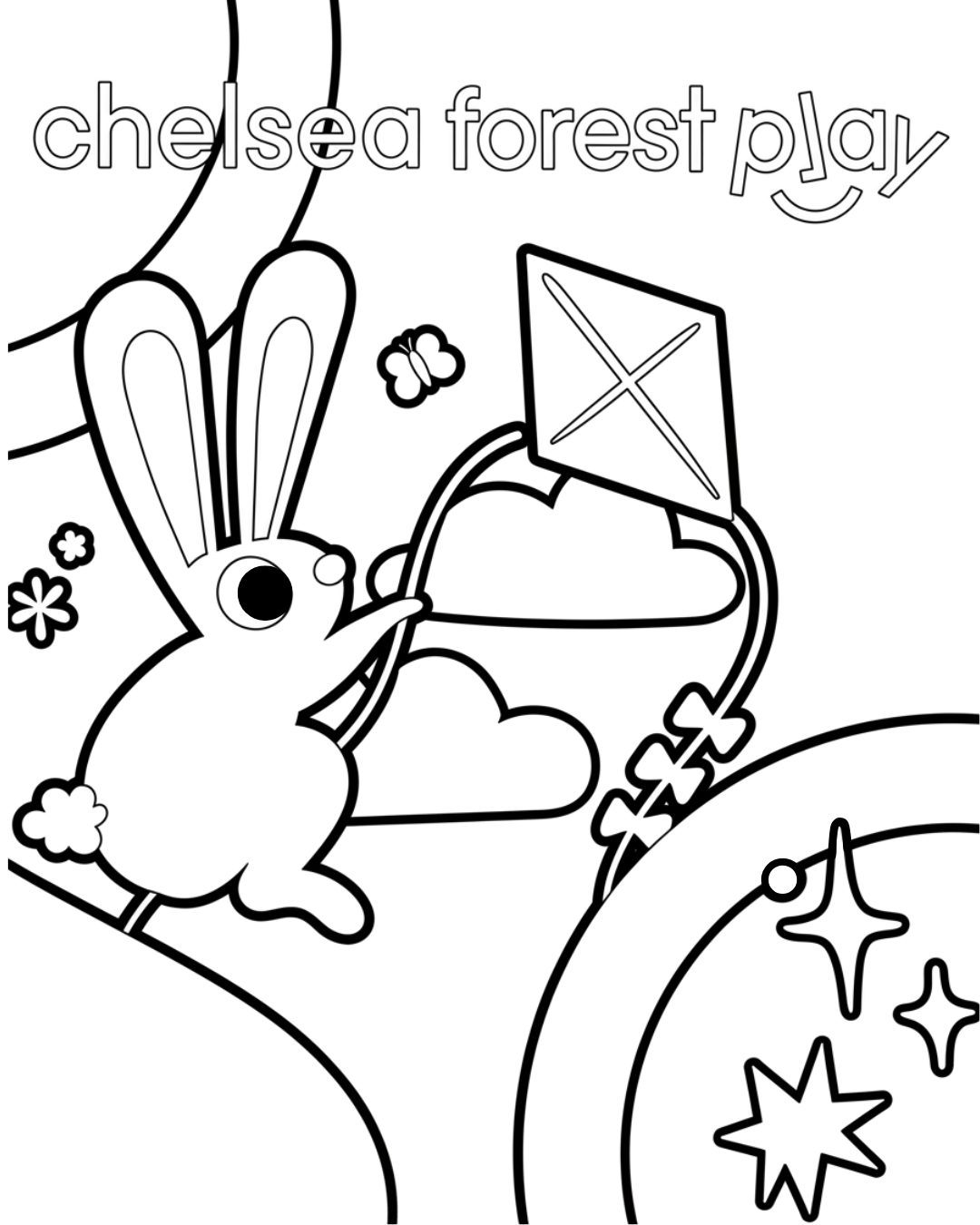 A black and white line drawing of a rabbit flying a kite in a whimsical outdoor scene with the words 'Chelsea Forest Play' at the top.