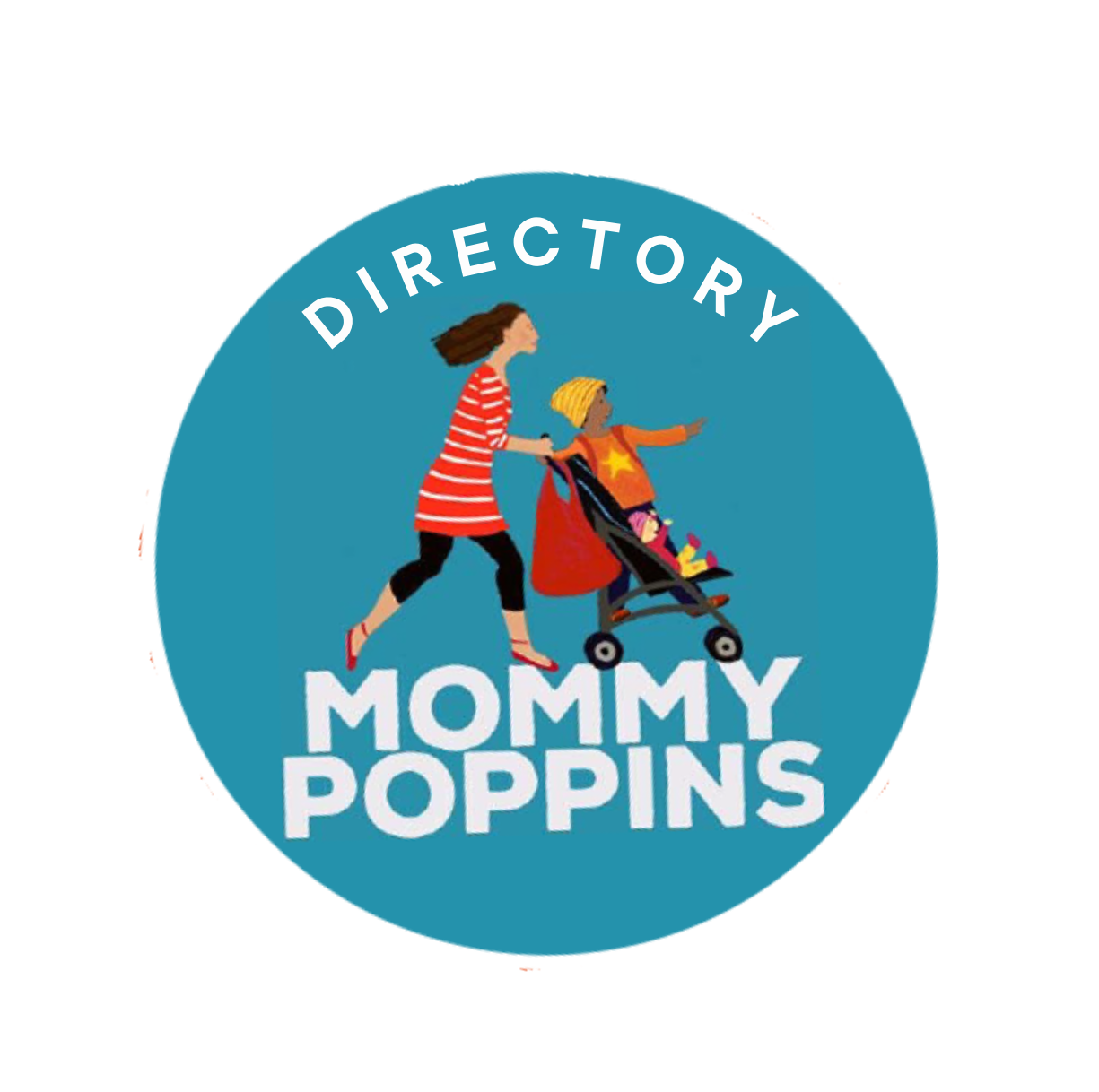 Illustration of a woman pushing a stroller with a child inside, on a blue circular background with the text 'Directory Mommy Poppins'