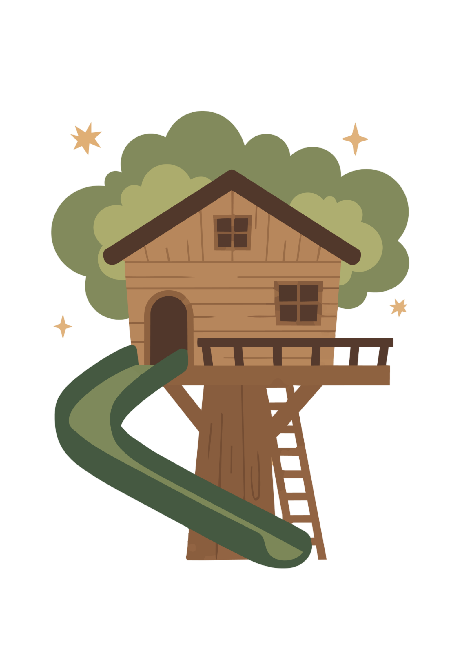 A wooden treehouse with a ladder, surrounded by greenery, with a slide extending from it and small stars in the background.