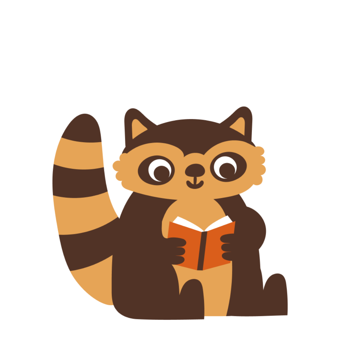 an illustration of a friendly looking raccoon reading a book
