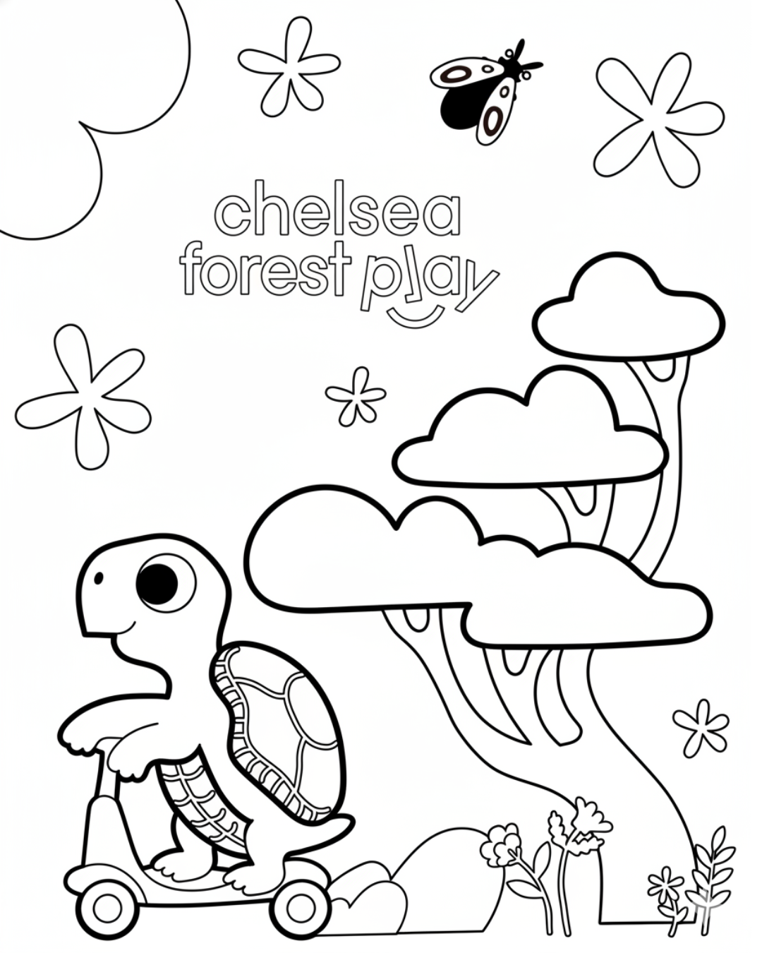 Coloring page of a turtle on a skateboard in a forest with clouds, trees, flowers, a bee, and the text 'Chelsea Forest Play.'