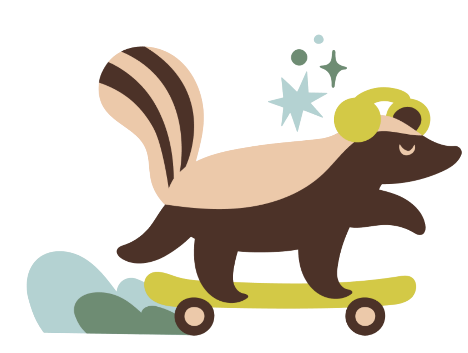 Cute illustration of a skunk wearing headphones, riding a skateboard over clouds with stars and a colorful background.