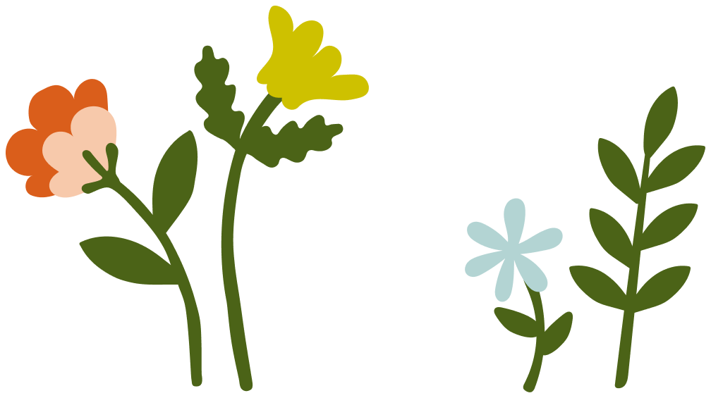 Illustration of various colorful flowers and green leaves.