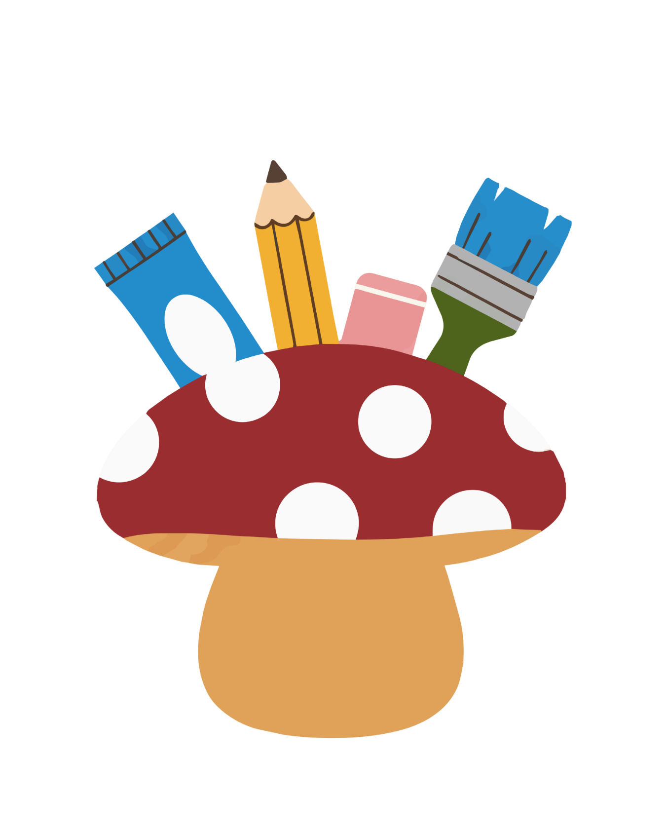 A cartoon illustration of a mushroom with a red cap and white polka dots, holding a pack of blue cookies, a yellow pencil, a pink eraser, and a paintbrush with a blue handle and gray stripe.