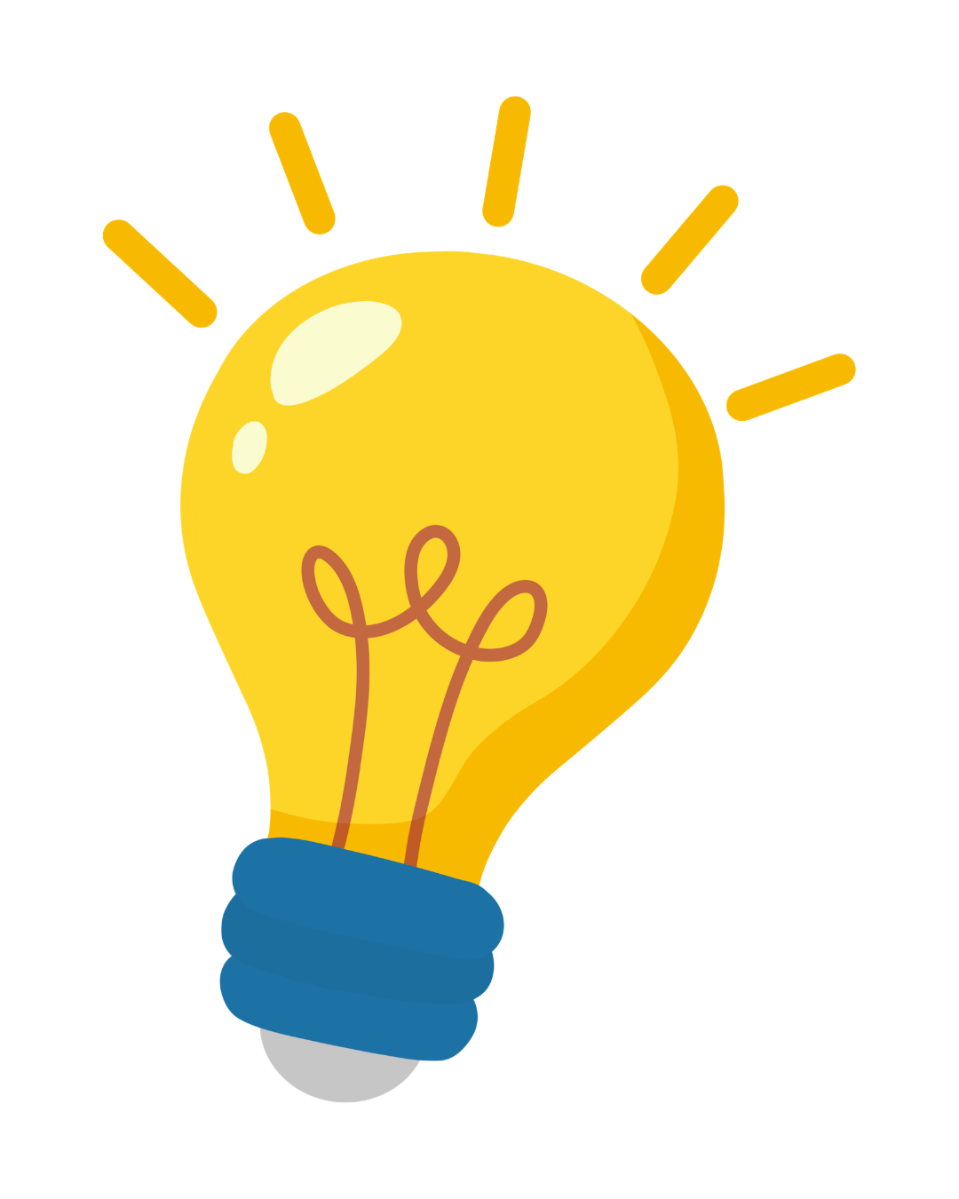 Cartoon light bulb with yellow glow, blue base, and filament, on a red background.