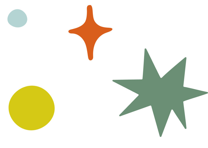 Colorful abstract shapes including a small light blue circle, a larger yellow circle, a large green star, and an orange star-shaped form on a black background.