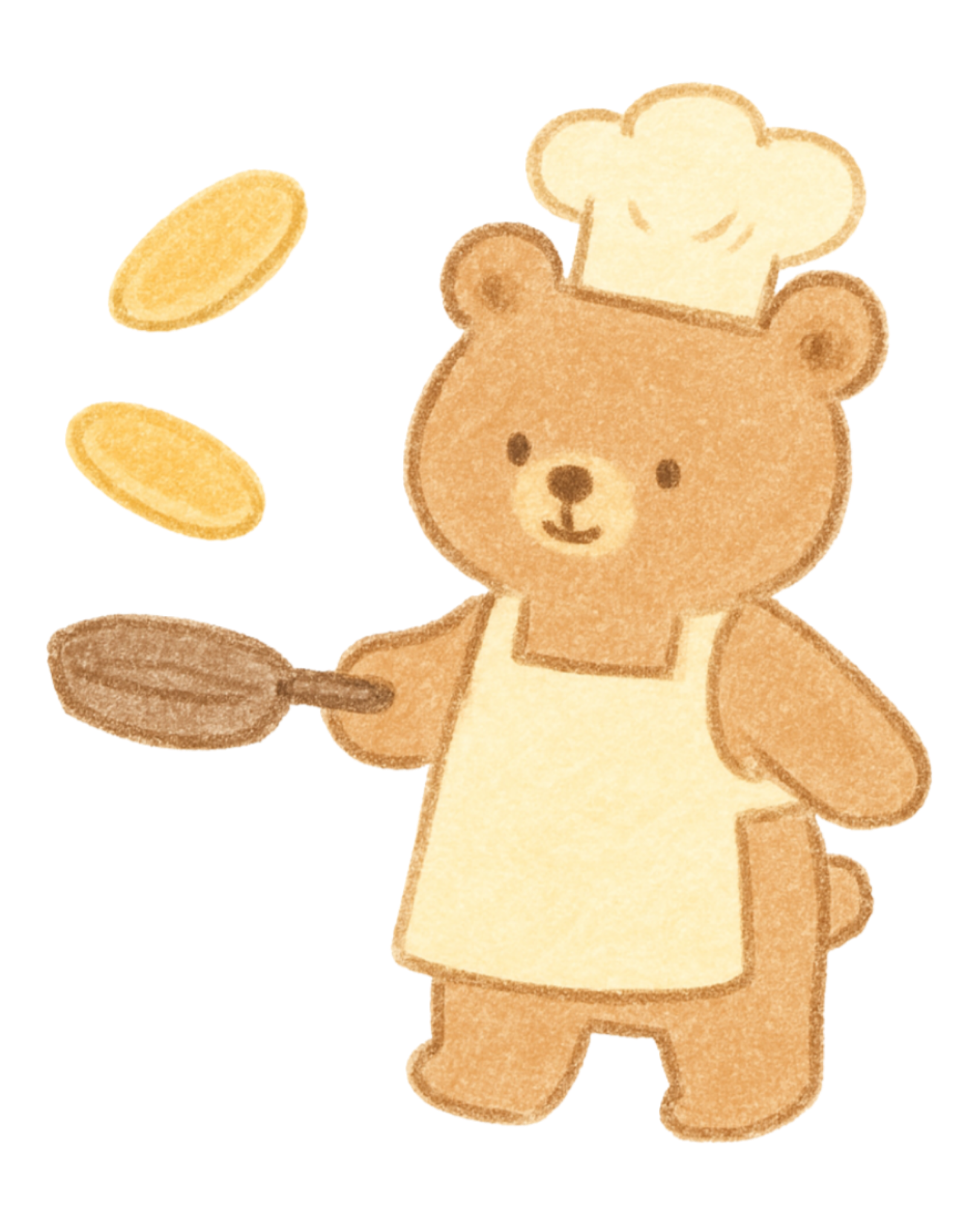A cartoon bear wearing a chef's hat and apron holding a spoon, with cereal pieces floating around.