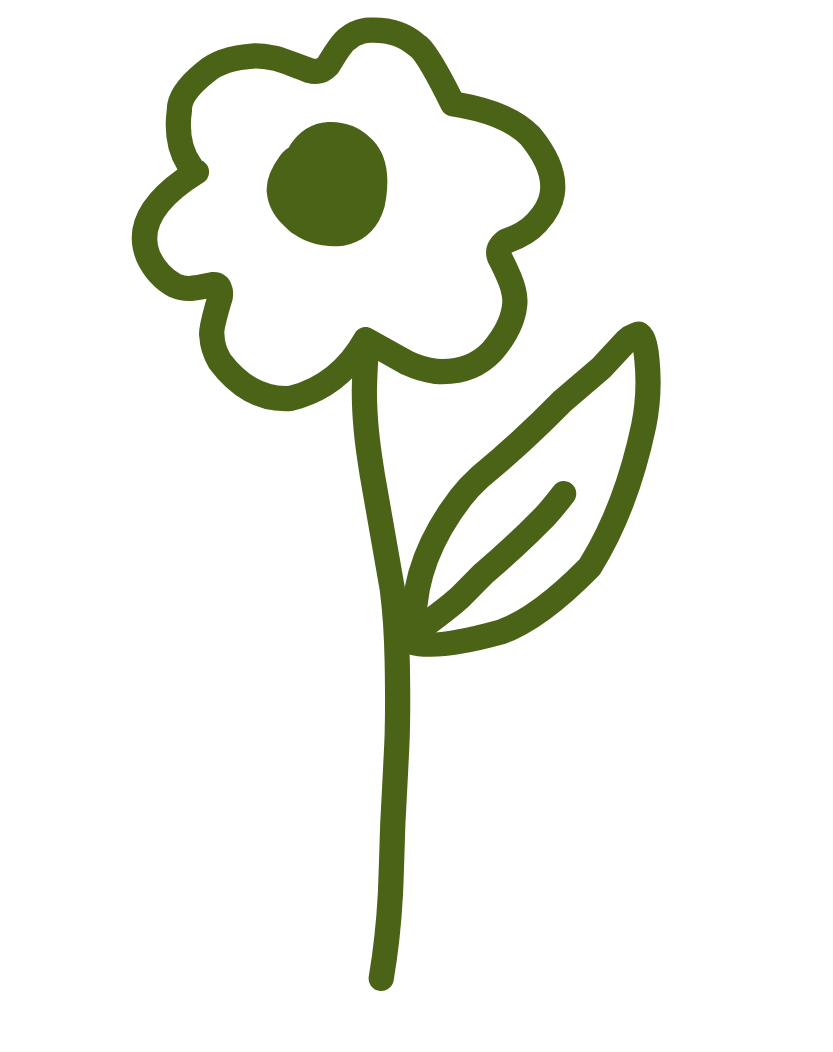 A simple, stylized outline of a flower with a green stem, a leaf, and a flower head with a central circle and five petal outlines.