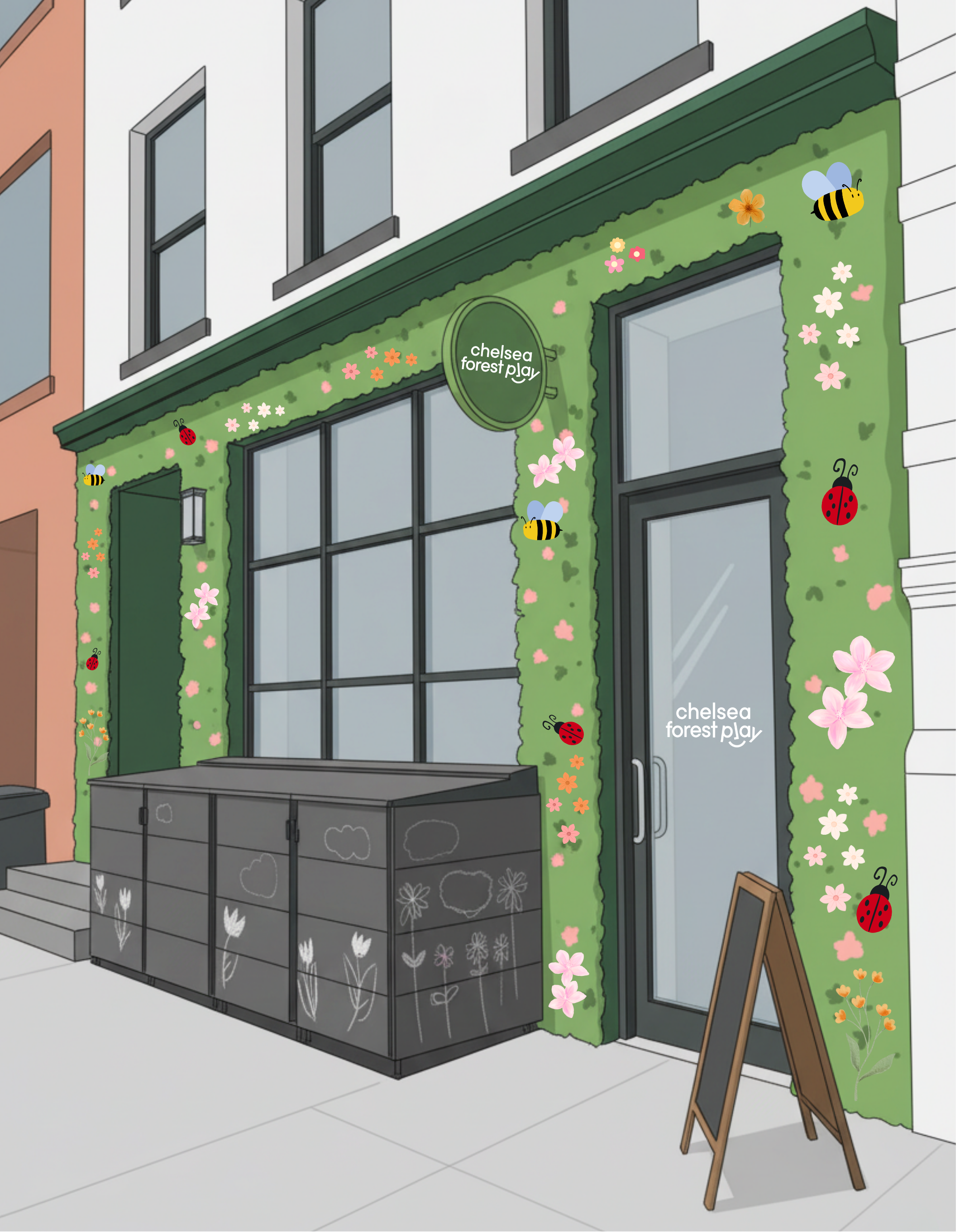 Exterior view of a building with a green ivy-covered wall decorated with cartoon bees and ladybugs, pink and orange flowers, and a sign that reads 'chelsea forest play'. There are double glass doors, a black cabinet with white flower and leaf designs, and a wooden A-frame sign on a sidewalk in front.