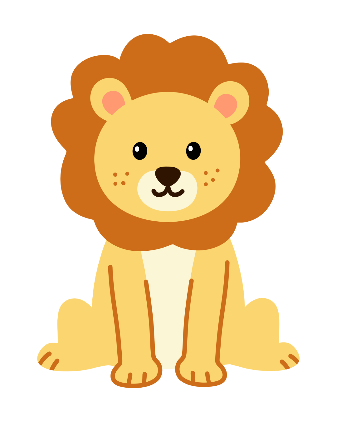 A cute cartoon lion with a large orange mane, sitting with a friendly expression.
