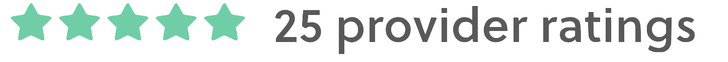 Image displaying five green stars representing high ratings, with the text '25 provider ratings' indicating the number of reviews.