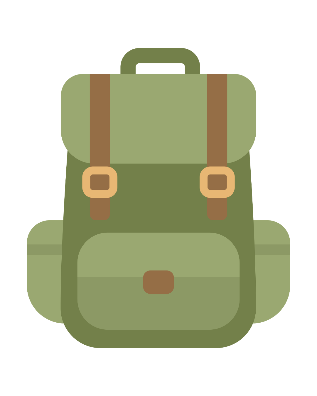 A digital illustration of a green backpack with multiple compartments and brown straps.