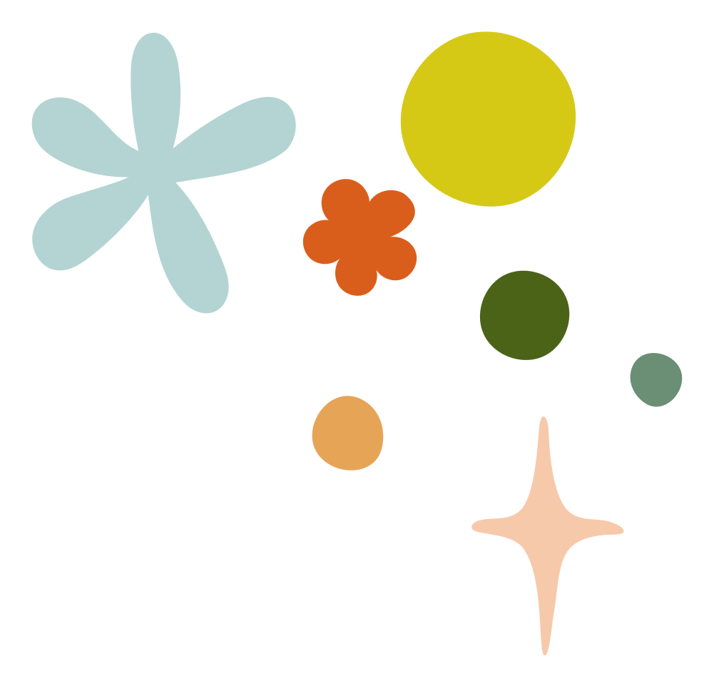 Colorful abstract shapes and flowers on a blank background.