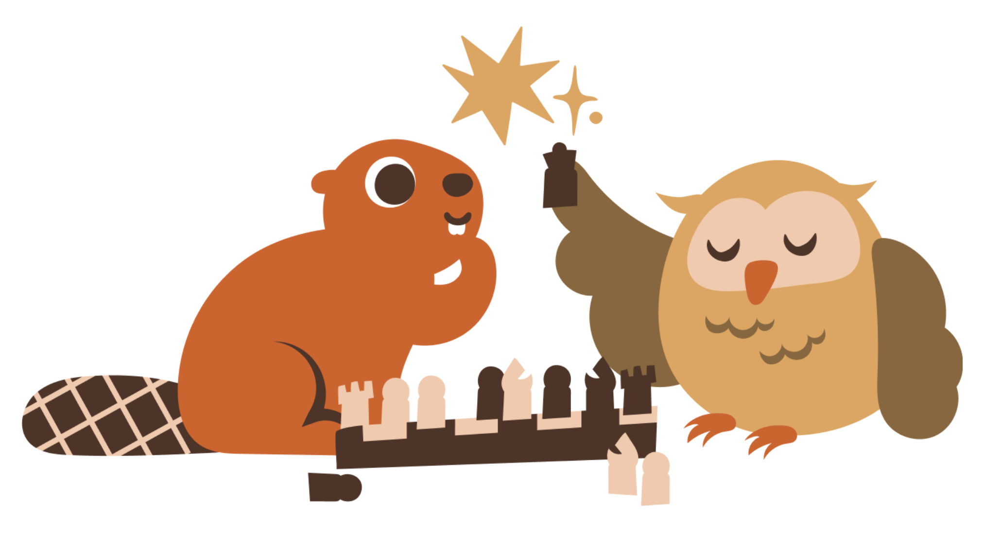 A cartoon beaver and an owl playing chess outdoors with a star shining above.