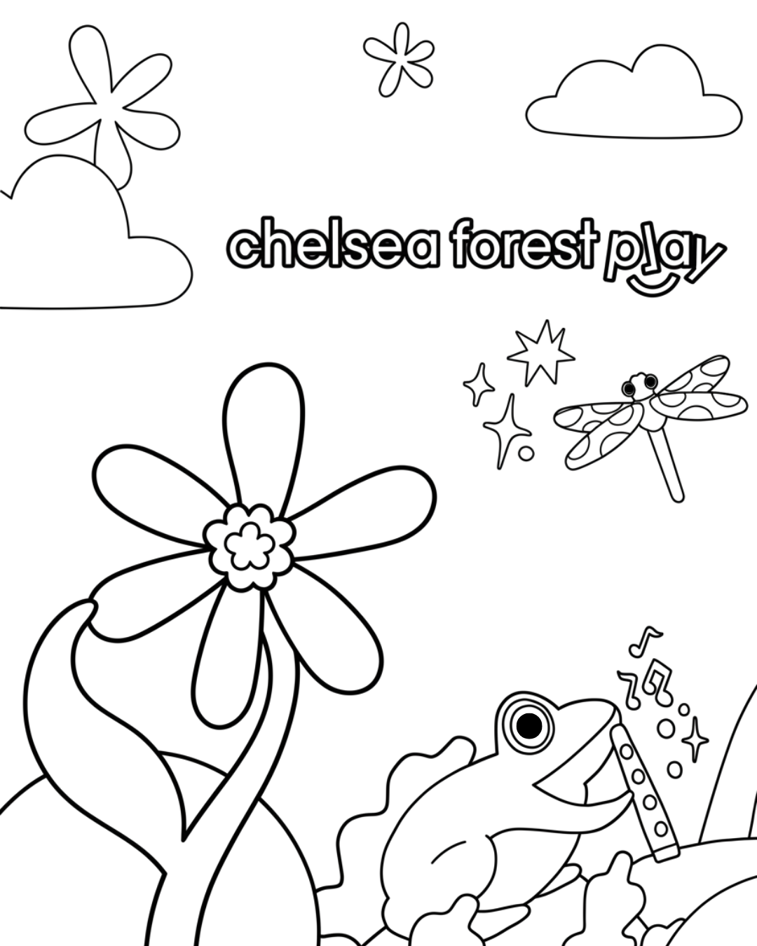 Black and white coloring page with flowers, clouds, stars, a dragonfly, a frog playing a flute, and the text 'chelsea forest play'.