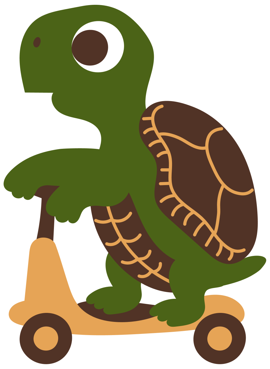 Cartoon turtle with a green head and limbs, brown shell, riding a scooter