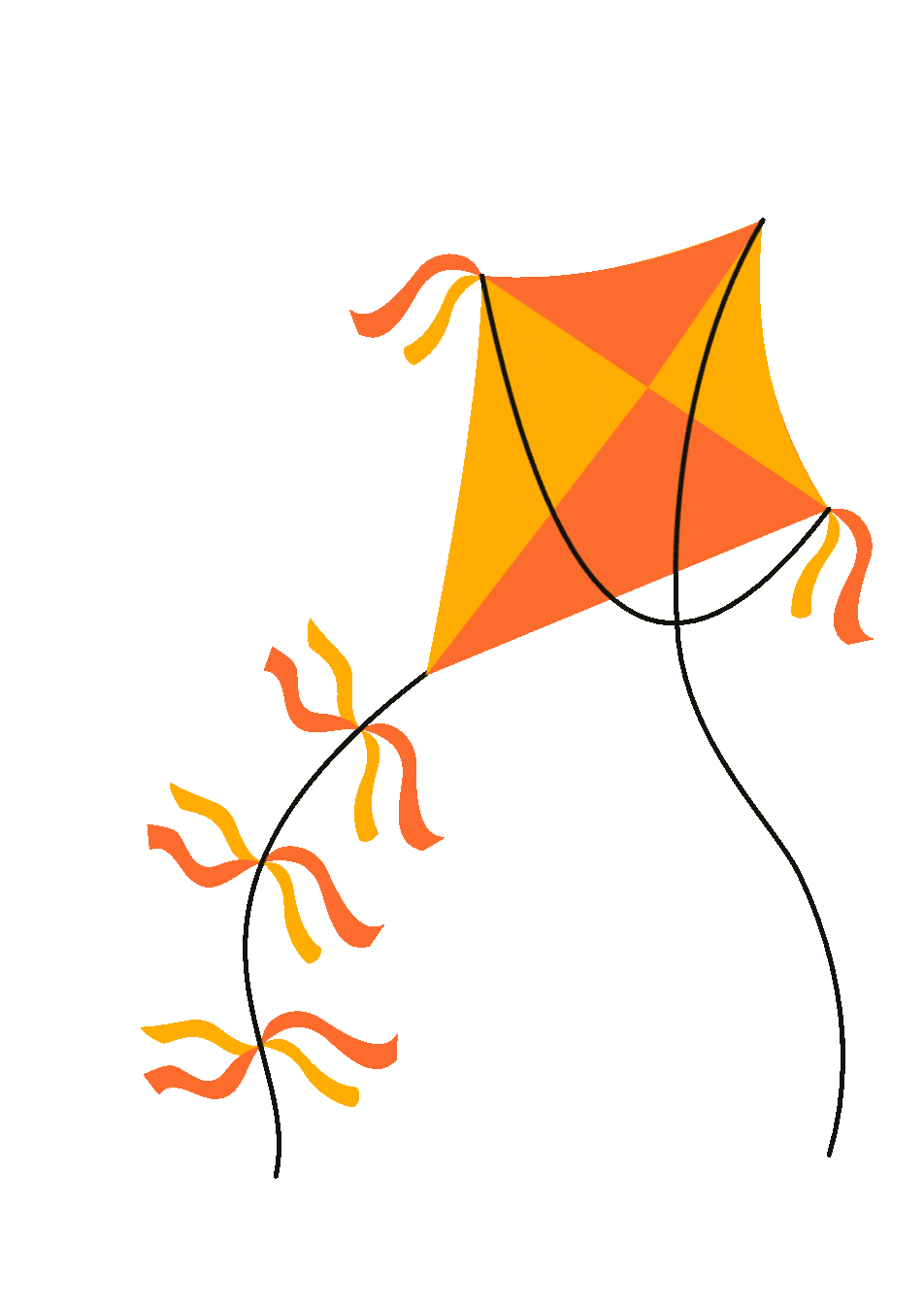 A colorful kite with orange, yellow, and red sections flying against a black background, with five orange and yellow ribbons attached to the kite's tail.