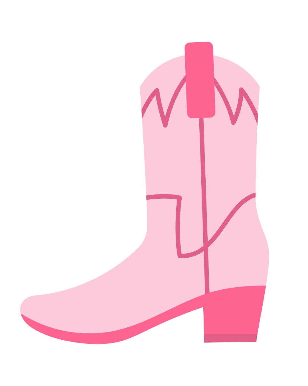Pink cowboy boot with a pink heel and decorative pink stitching.