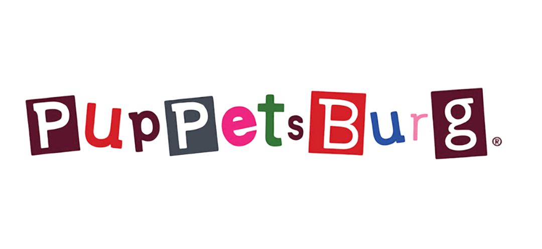 Colorful 3D letters spelling 'Puppets Burg' with a small purple ball on the right.