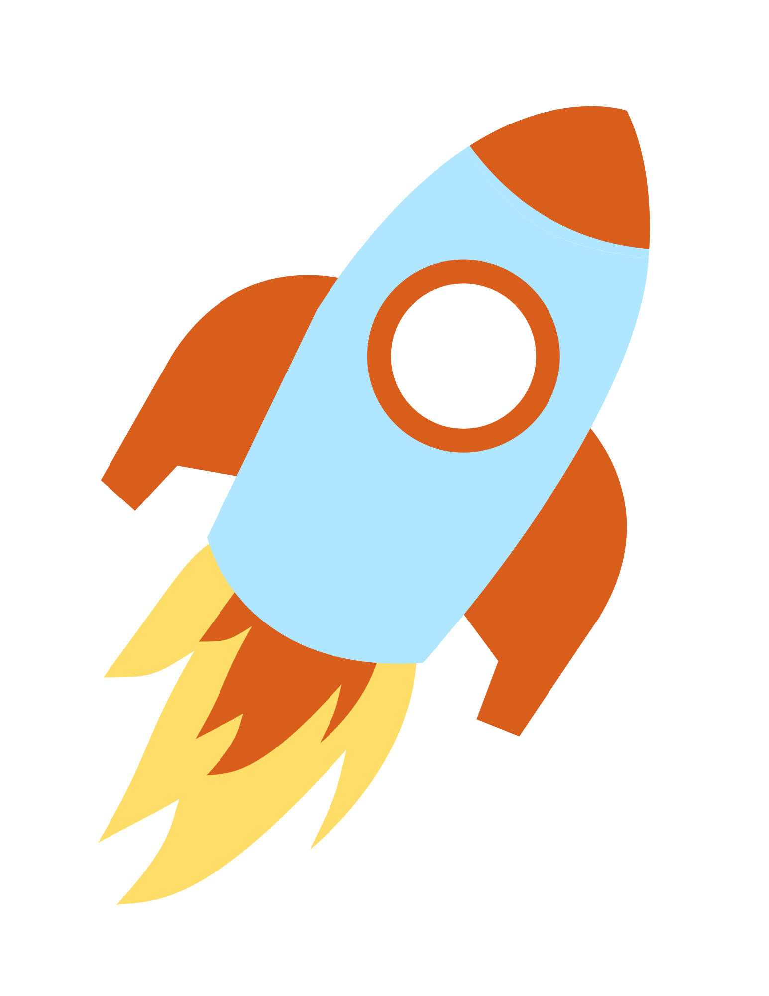 Illustration of a cartoon rocket ship with a blue body, orange fins, and yellow flames coming from the engine, flying diagonally upward.
