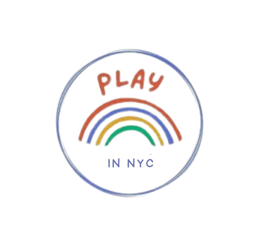 Colorful oval-shaped logo with a rainbow in the center and the words 'PLAY IN NYC' above and below the rainbow.