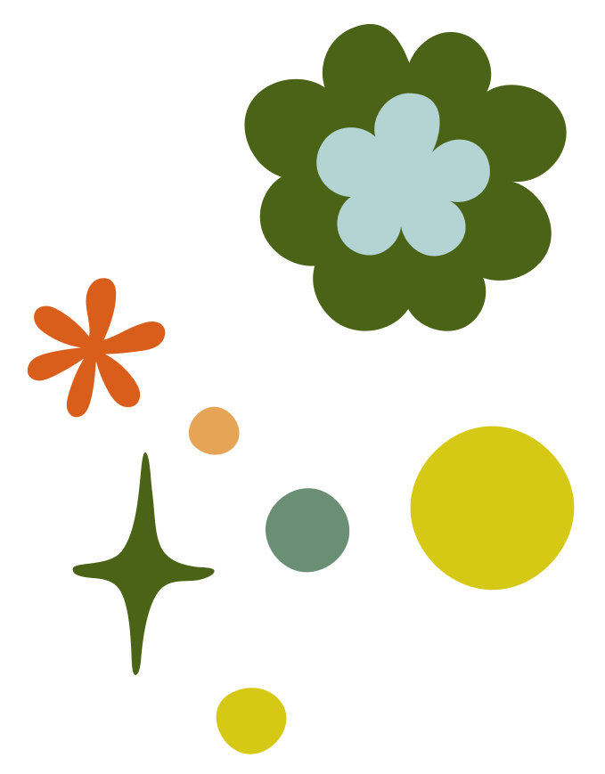 Colorful abstract shapes on a black background, including a large green petal-shaped flower, smaller orange, yellow, and green circles, and star-like shapes.