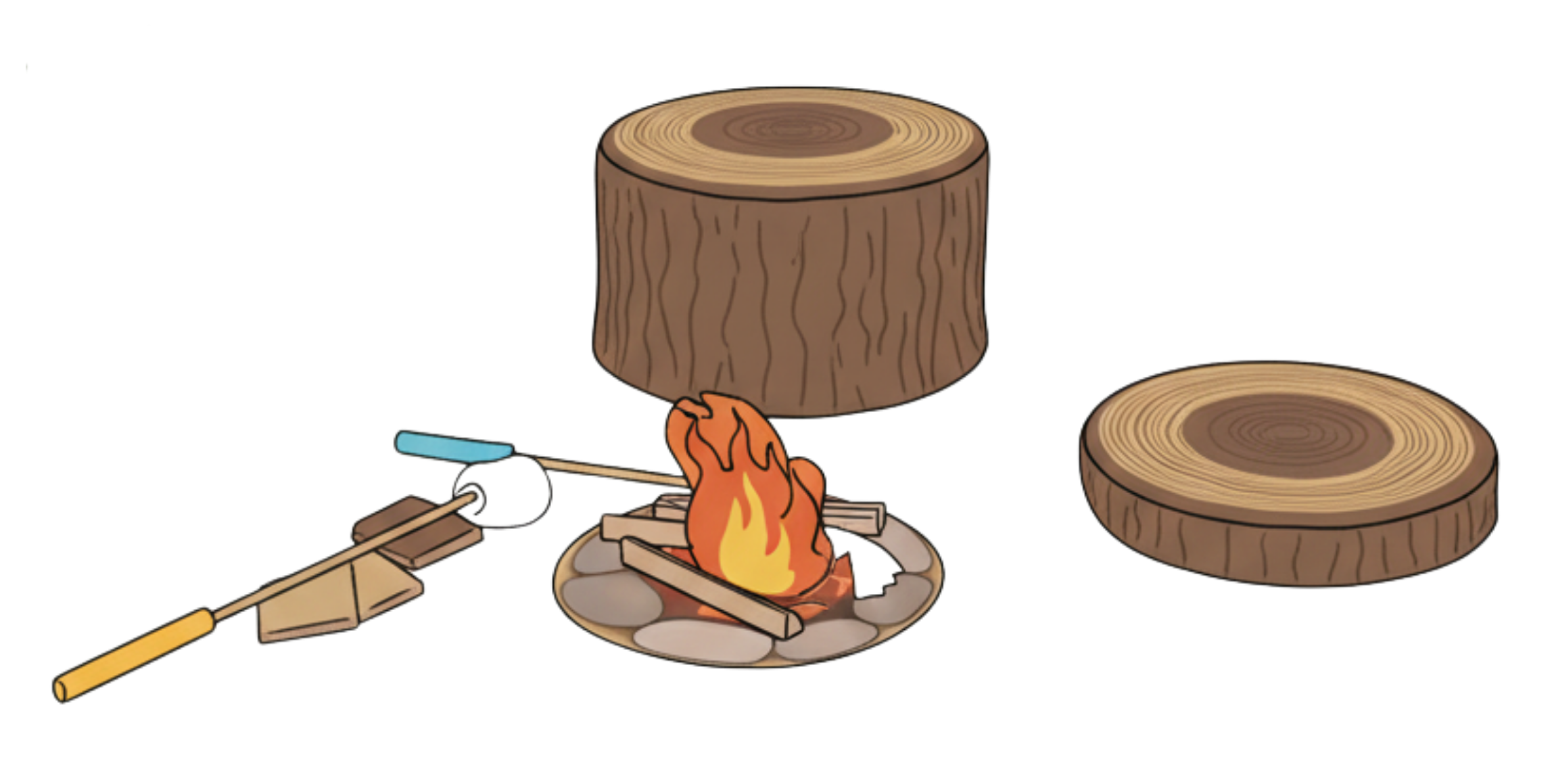 A cartoon illustration of wood logs, a campfire, and a smore's stick.
