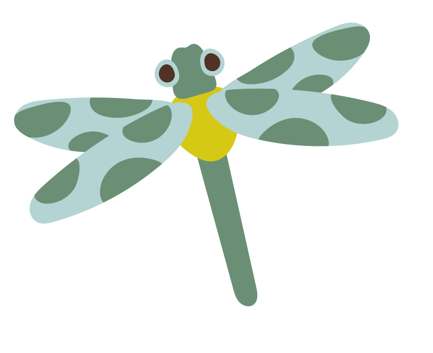 Illustration of a dragonfly with light blue wings with green spots, a green body, large eyes, and a yellow patch on its thorax.