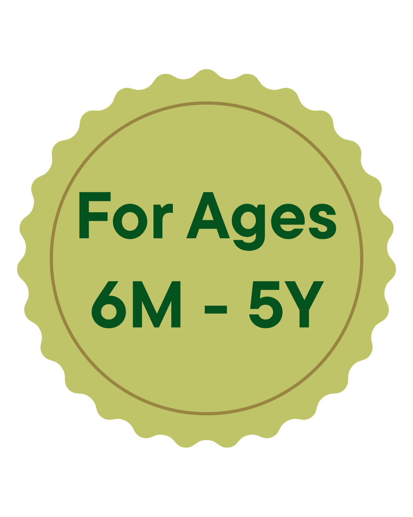 A gold medal with scalloped edges featuring the text 'For Ages 6M - 5Y' in dark green.