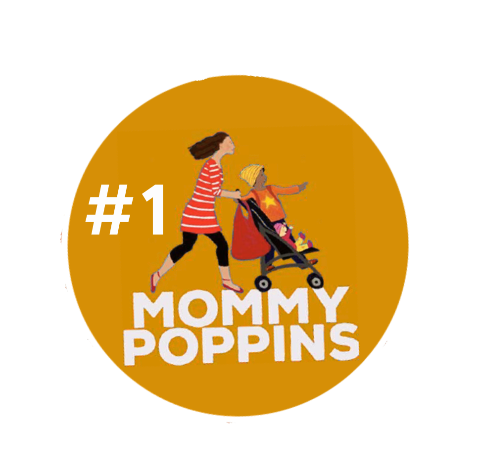 A woman pushing a stroller with a child inside on a yellow background, with the text '#1 Mommy Poppins' in white, indicating a ranking or ranking badge.