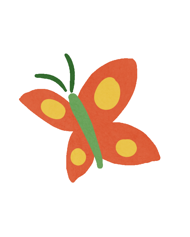 Simplified illustration of a butterfly with orange wings, yellow spots, green body, and green antennae.