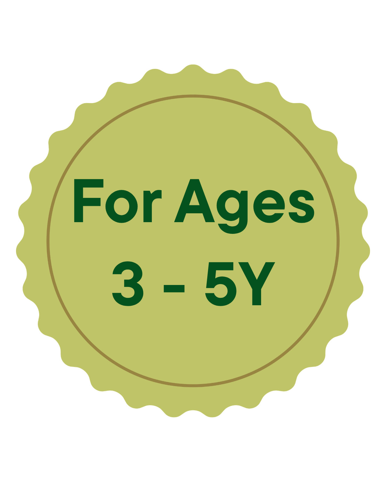 A yellow-green circular badge with scalloped edges displaying text for ages 3 to 5 years.