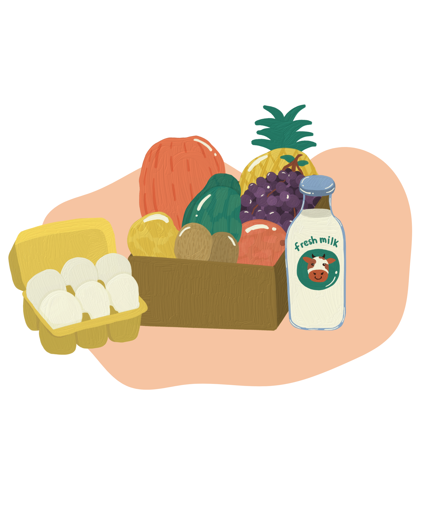 Illustration of various food items on a pink surface, including a small carton of eggs, a loaf of bread, a block of cheese, a pineapple, a bunch of grapes, a bottle of fresh milk, and some tomatoes.