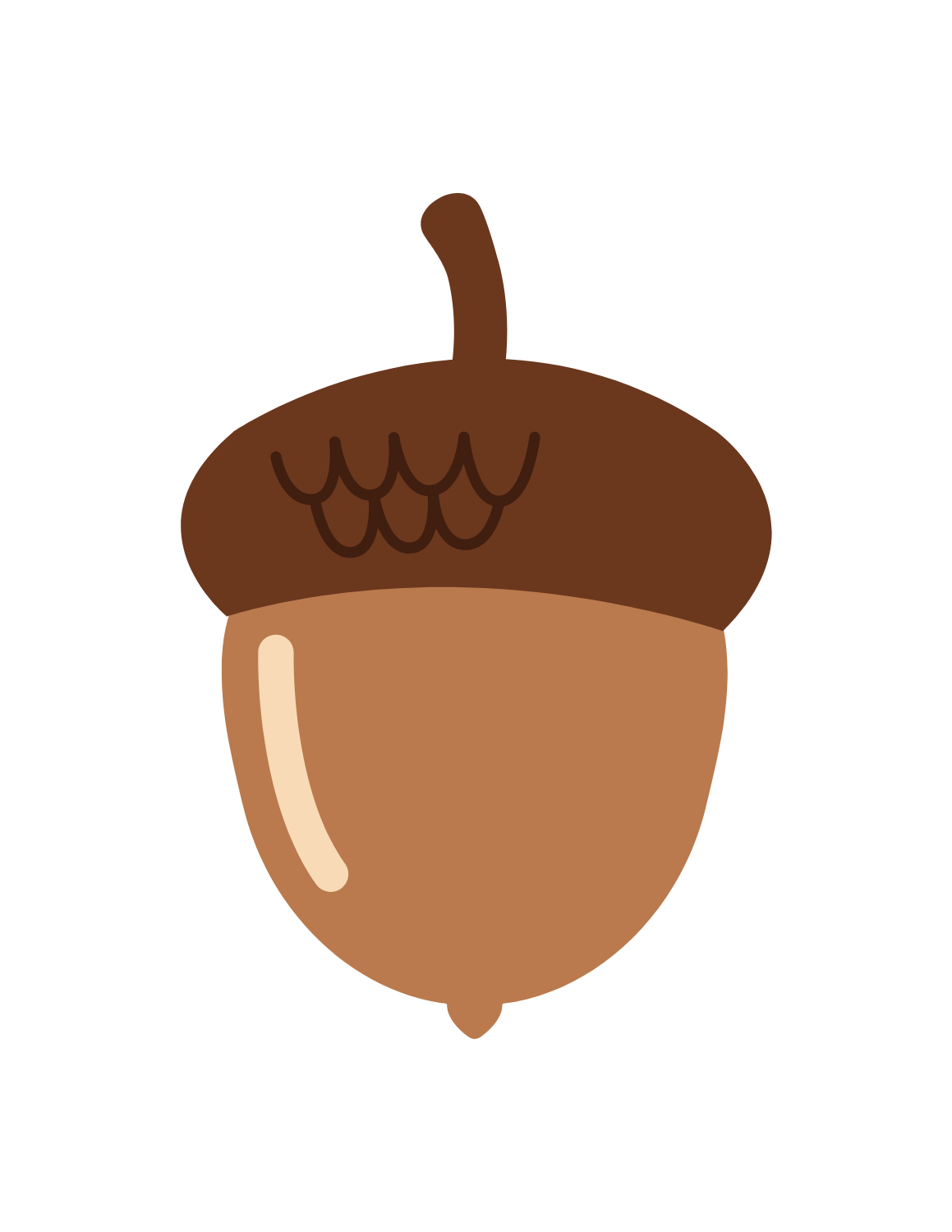 Cartoon of an acorn with a brown cap and light brown nut, featuring a beige highlight.