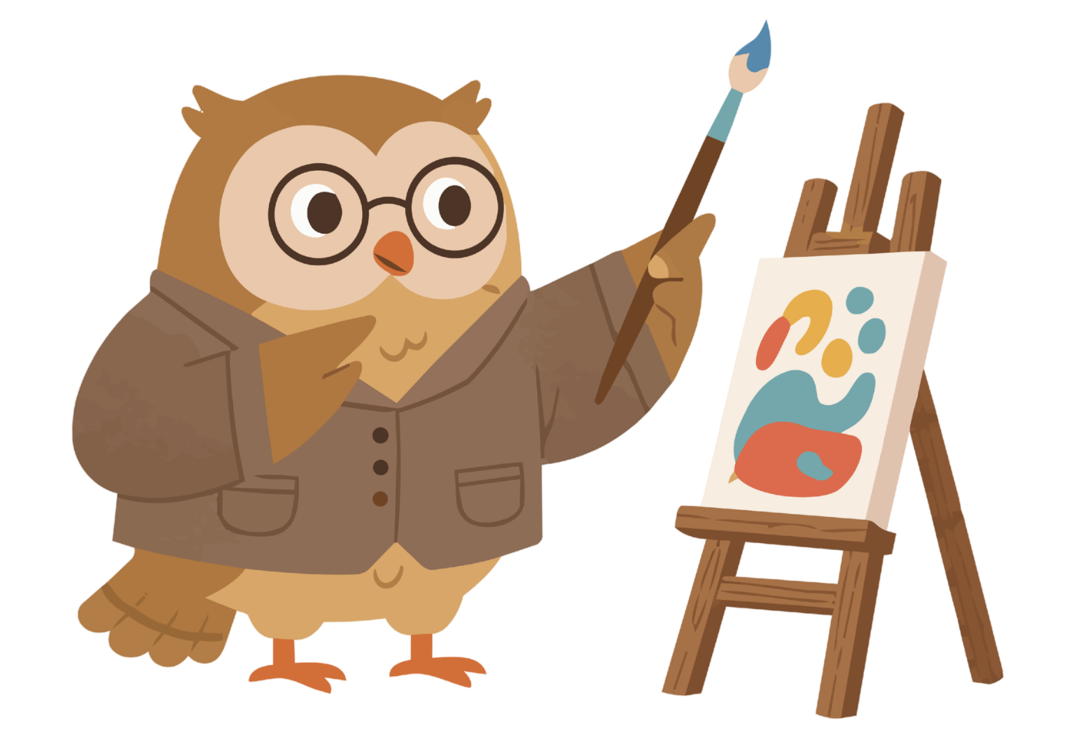 Cartoon owl wearing glasses and a brown jacket, holding a paintbrush, standing beside an easel with an abstract painting.