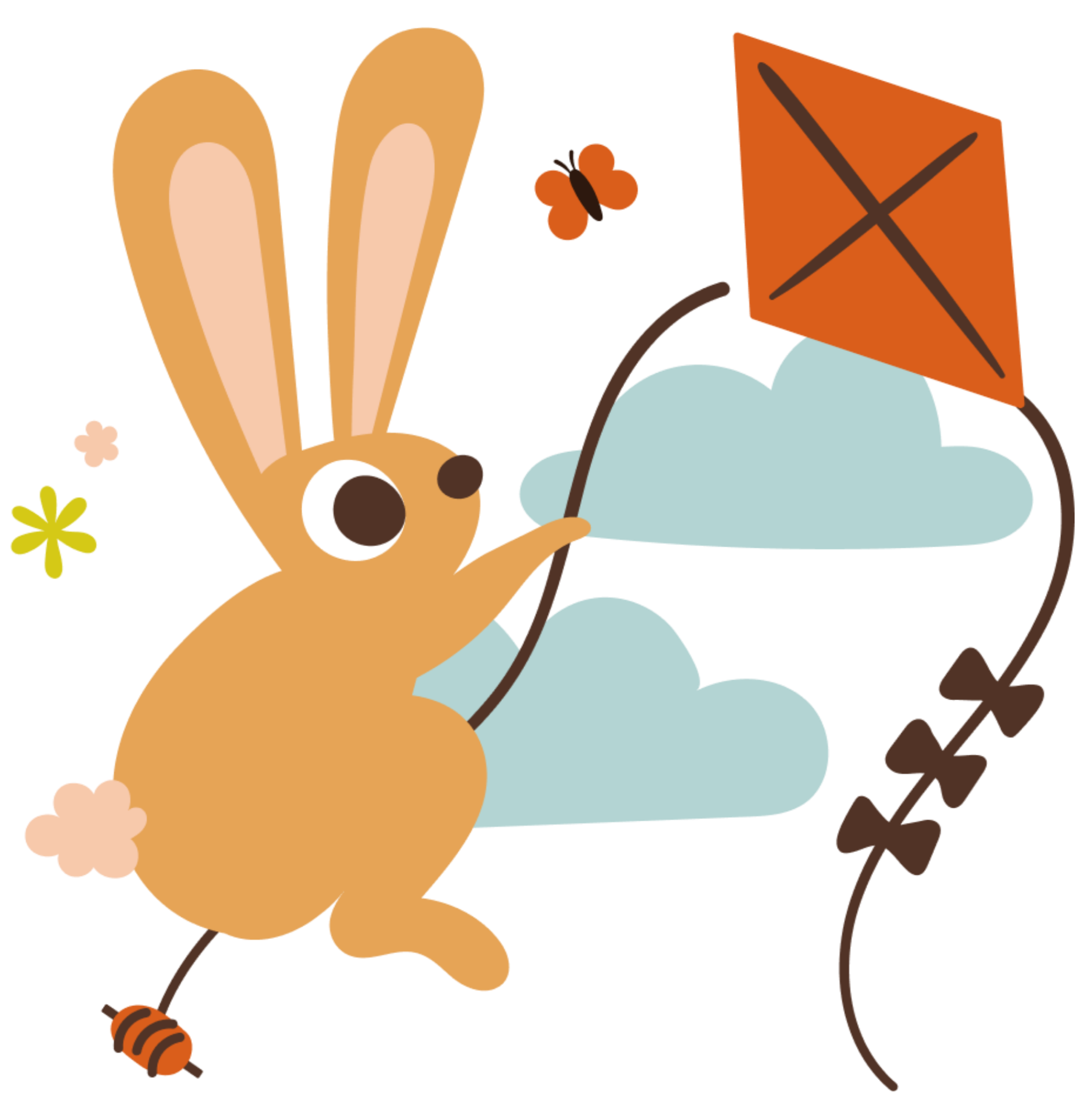Digital illustration of a rabbit holding an kite and flying in front of a cloud