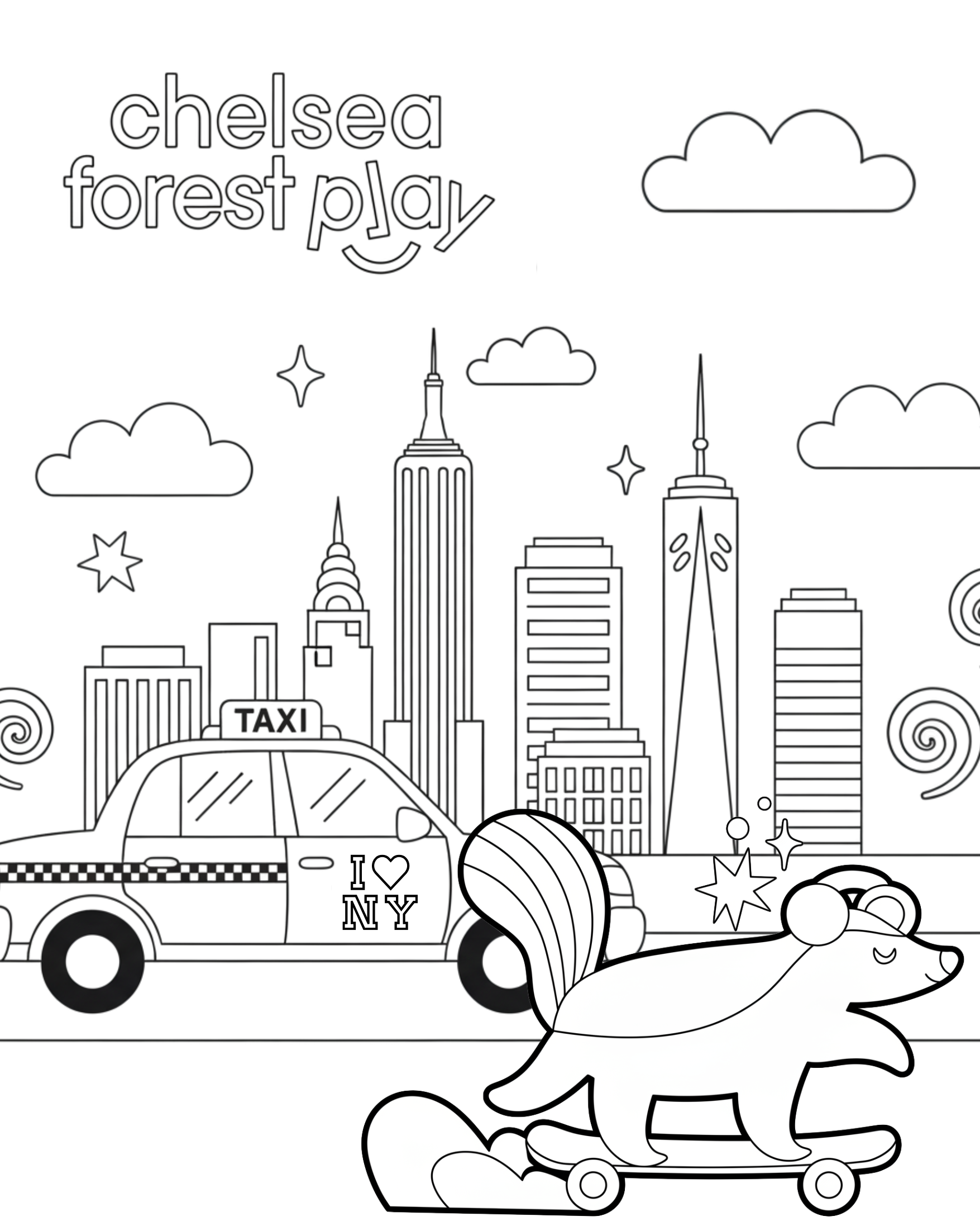 A coloring page featuring New York City landmarks, a taxi with I love NY written on it, a skunk skateboarding, and the words 'Chelsea Forest Play' in the top left corner with clouds and stars in the sky.