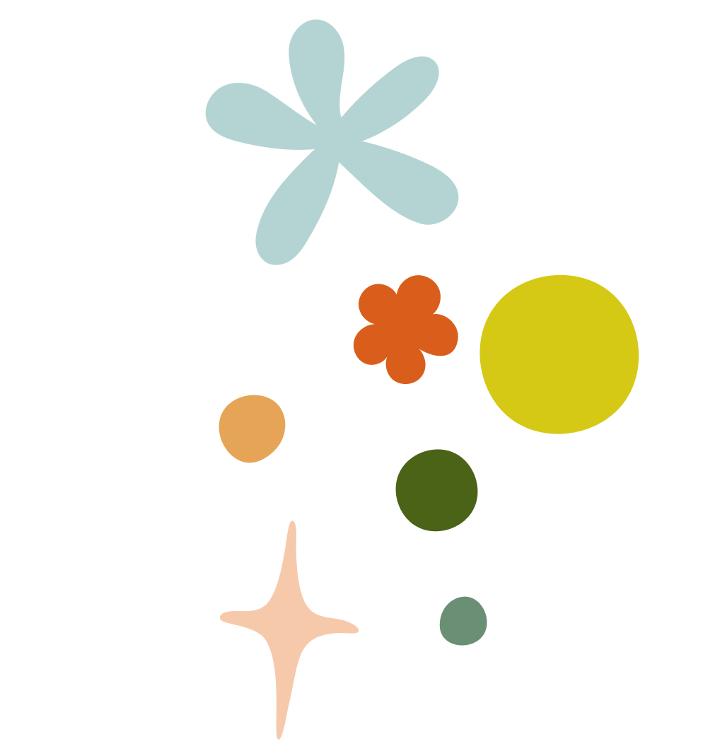 Abstract colorful shapes including a large blue flower, a smaller orange flower, a large yellow circle, and smaller green, peach, and teal circles on a black background.