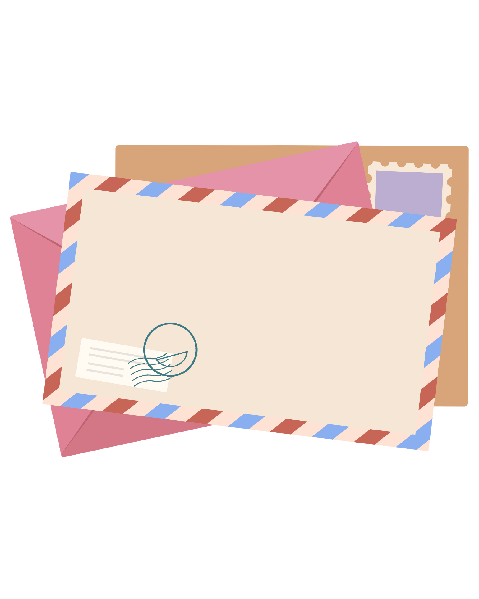 Decorative cardboard box with a photo frame, envelope, and string art inside, designed with pastel colors and pink, blue, and brown accents.