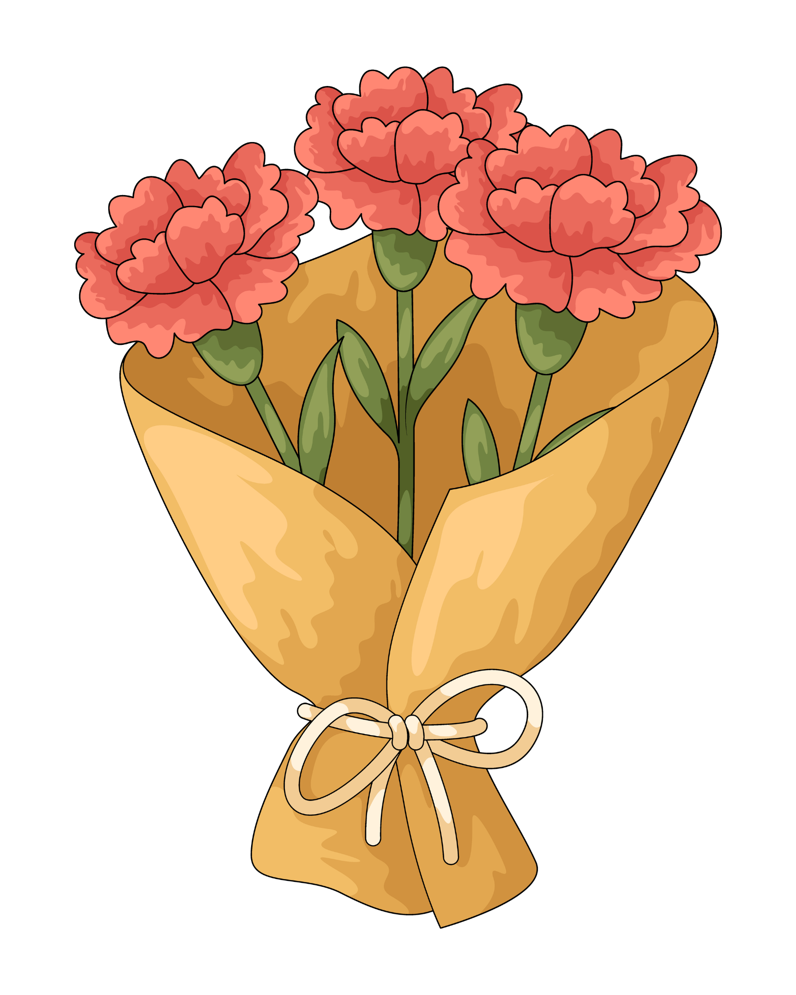 A bouquet of pink carnations wrapped in brown paper with a beige ribbon.