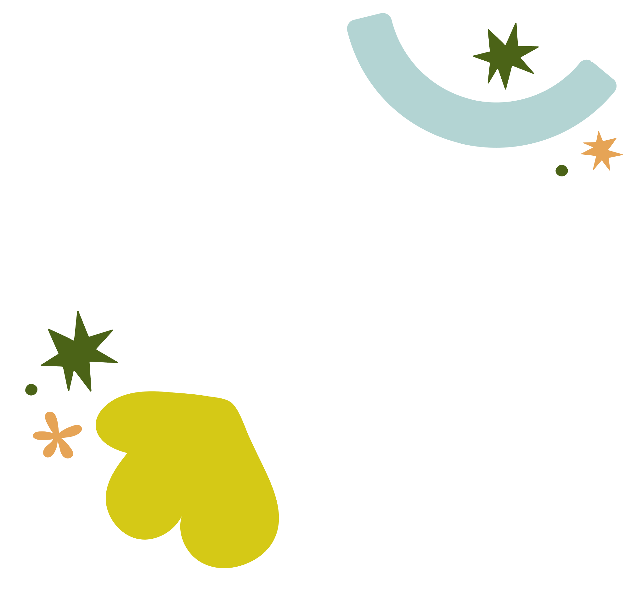 Decorative illustration with stars, a crescent moon, and abstract shapes in pastel colors.