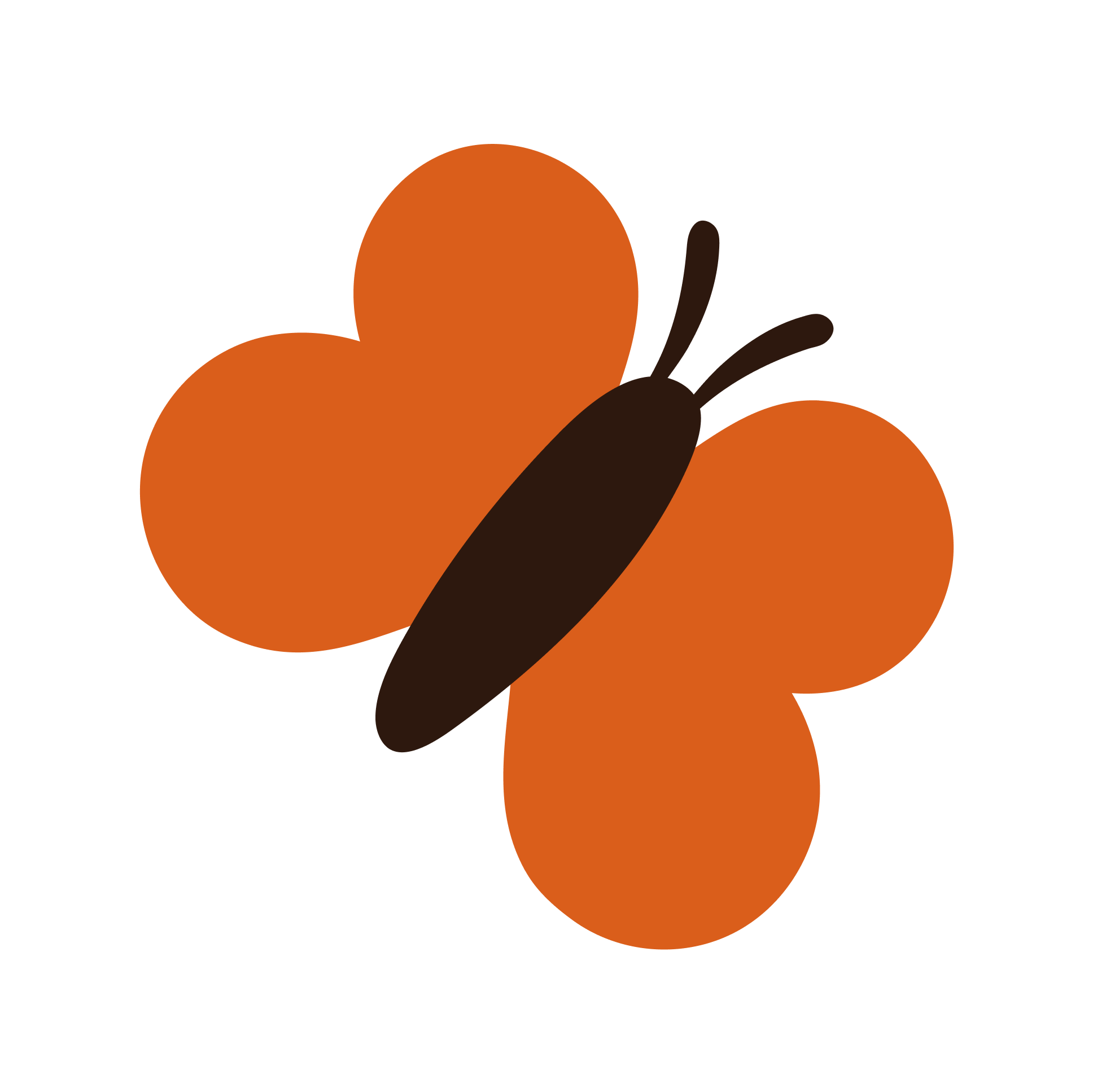 Simplified illustration of an orange butterfly with brown antennae and body, and orange wings with circular shapes.