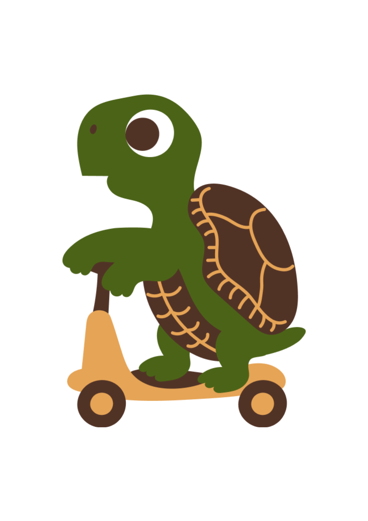 A cartoon turtle riding in a toy car that looks like a light brown vehicle with black wheels.