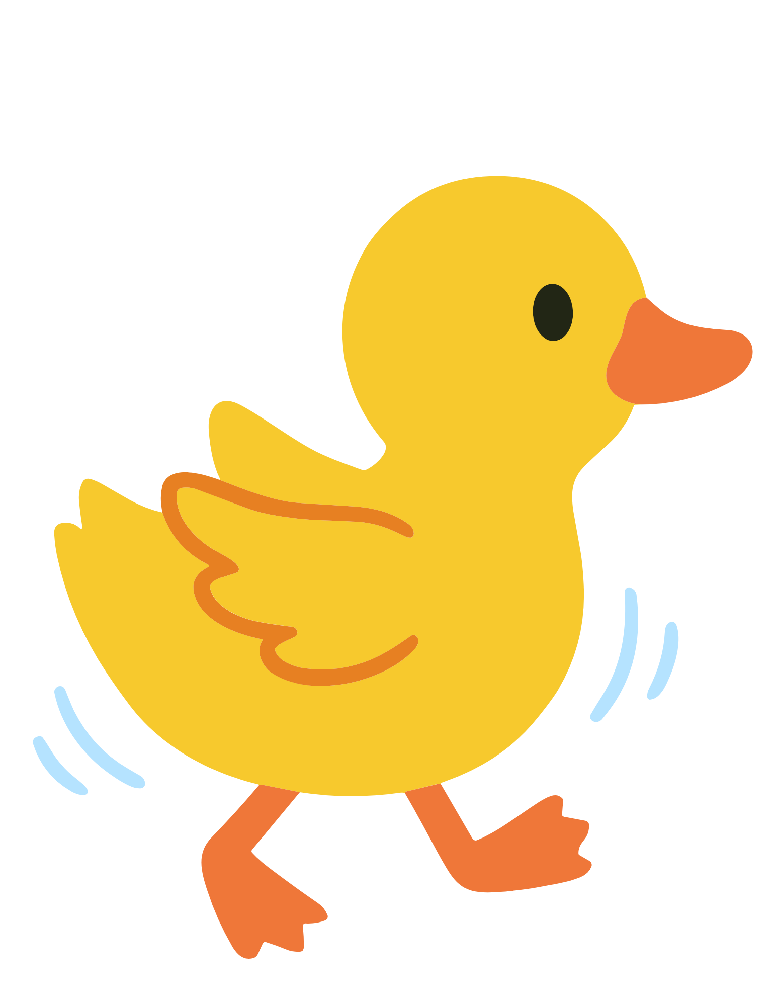 A cartoon illustration of a yellow duckling with orange beak and feet, jumping in water with blue splash lines.